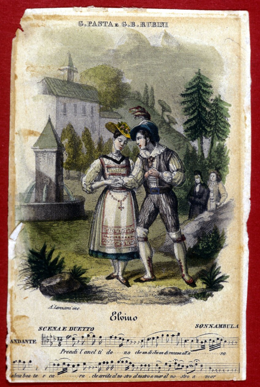Duett zwischen Giuditta Pasta und Gian Battista Rubini in der Oper „La Sonnambula“ von Vincenzo Bellini. Teatro Carcano von Mailand. 1831. von Unknown artist