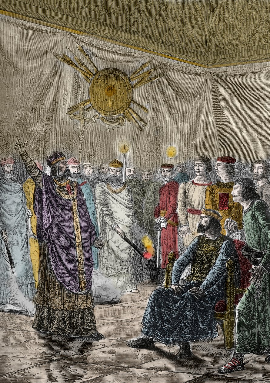 Edmund Rich, Erzbischof von Canterbury, droht Heinrich III. mit Exkommunikation - Heiliger Edmund von Canterbury (1170-1242), genannt Saint Edme (Edmund Rich) droht Heinrich III. Plantagenet (1207-1272) mit Exkommunikation - Gravur in „The Histoire d