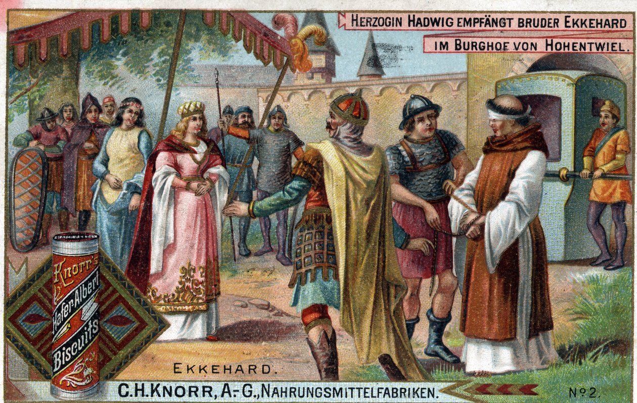 Ekkehard IV. von St. Gallen oder Eckhard, Eckhart (980-1057) Gelehrter und lateinischer Dichter. Herzogin Hadwig empfängt Bruder Ekkehard im Hof der Burg Hohentwiel. Verso: „Bruder Ekkehard, den die Herzogin in ihre Burg beauftragte... von Unknown artist