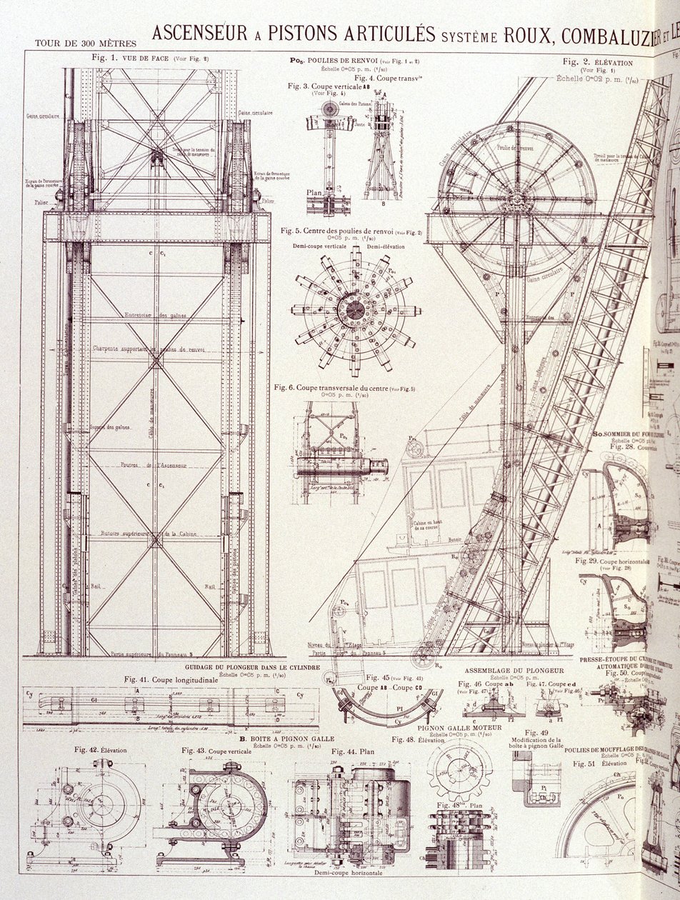 Aufzug und Gelenkkolben des Eiffelturms (Roux-Combaluzier-System) - Industriedesign von Unknown artist