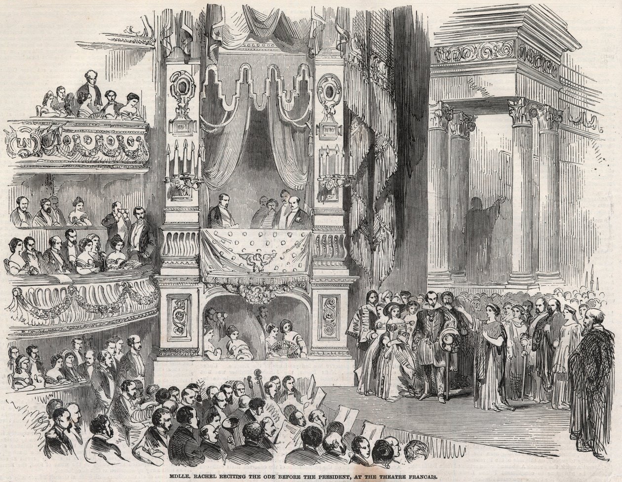 Elisabeth Rachel Felix, bekannt als Mademoiselle Rachel (1821-1858), französische Tragödin, vor Napoleon III. im Théâtre Français im Jahr 1852 - Am Vorabend der Proklamation des Zweiten Kaiserreichs erklärte Rachel am 22. Oktober 1852 im Théâtre Français von Unknown artist