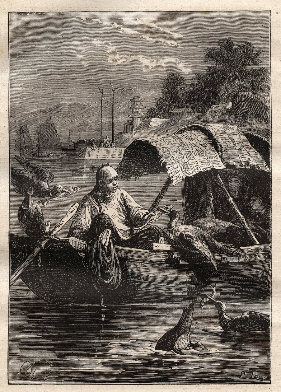 Botschaft von Lord George McCartney (1737-1806) in China (1792-1793): Der Vogel Leut-ze, steht für das Fischen (Kormoranfischen) - Illustration aus „Die großen Seefahrer des 18. Jahrhunderts“ von Unknown artist