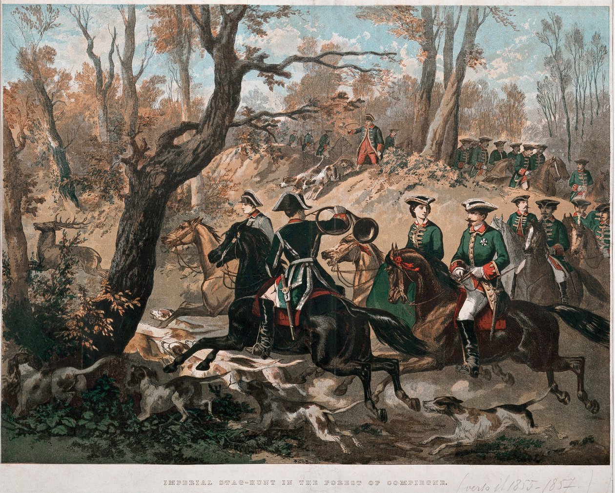 Kaiser Napoleon III (1808-1873) und seine Frau Eugenia de Montijo (1826-1920) spazieren durch den Wald von Compiegne. Farblithographie um 1855. Mailand, Museo del Risorgimento von Unknown artist