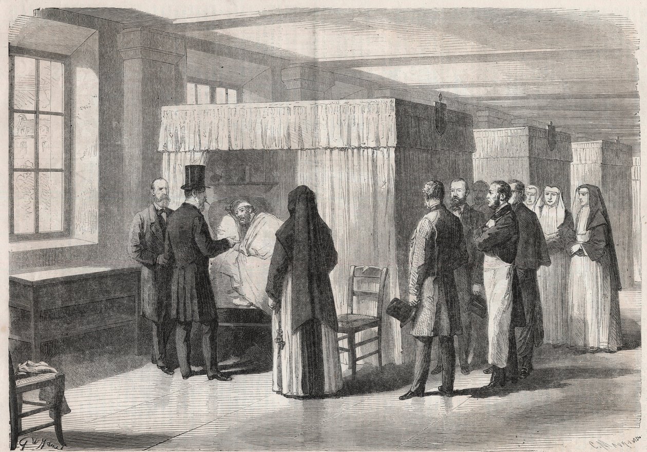 Kaiser Napoleon III. (1808-1873) besucht die Räume des Hôtel-Dieu für Cholerapatienten und spricht mit ihnen - Gravur in „The Illustrous World“ von Unknown artist