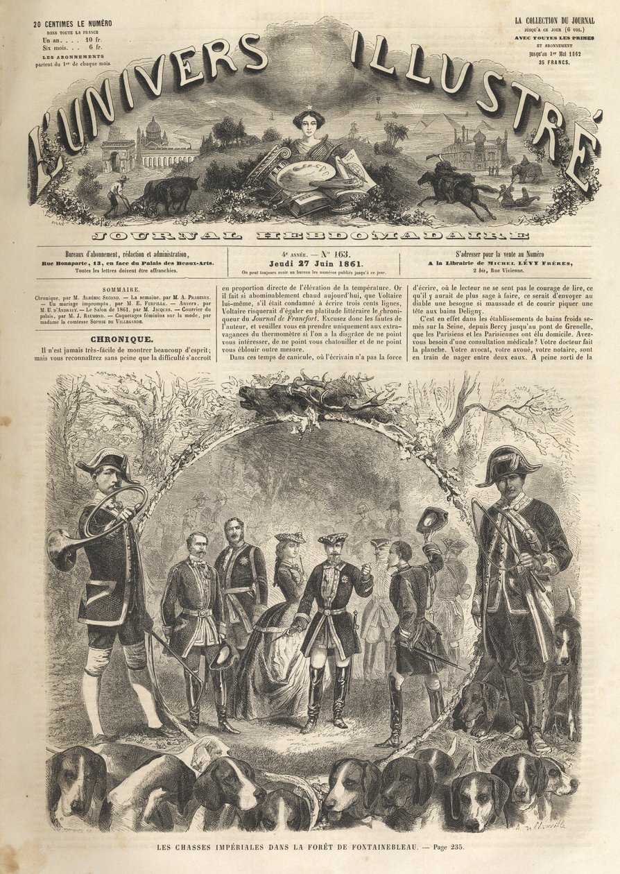 Kaiser Napoleon III. auf der Jagd in Fontainebleau - 1861 - Kaiserliche Jagd in Fontainebleau in Anwesenheit von Napoleon III. (1808-1873) und Kaiserin Eugénie (1826-1920). Das illustre Universum von 1861 von Unknown artist