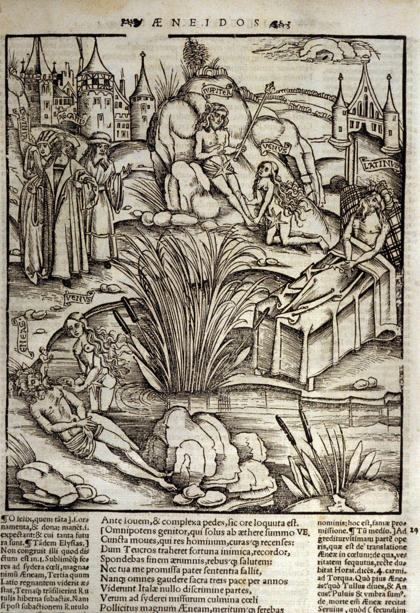 Eneide von Virgil (70 v. Chr.-19 v. Chr.), Buch XII, der trojanische Held Eneas wird von Venus wundersam geheilt und beschließt, die Stadt Latinus zu stürmen. Der König von Latium stirbt (rechts) und Eneas wird König, indem er die Tochter des verstorbenen  von Unknown artist