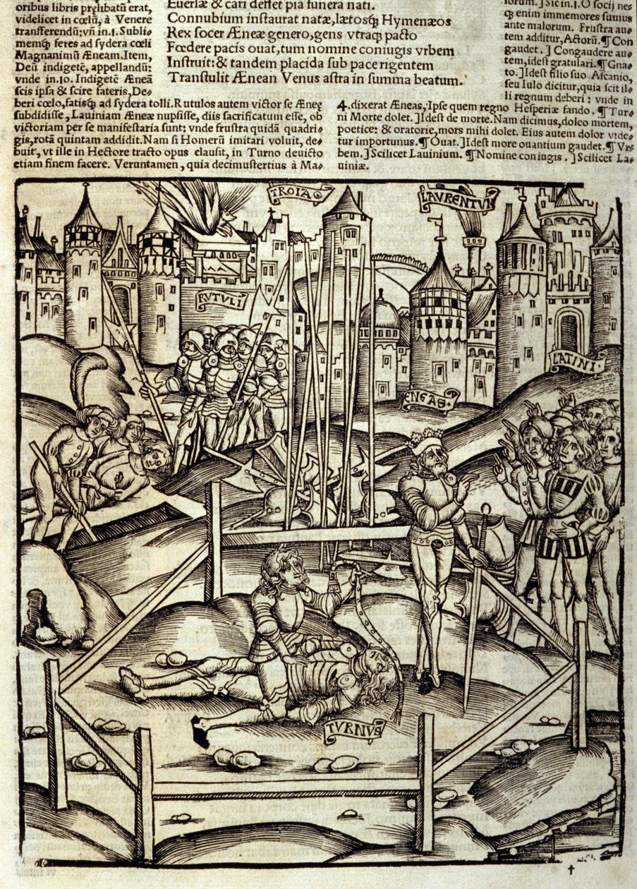 Eneide von Virgil (70 v. Chr.-19 v. Chr.), Buch XII, der trojanische Held Äneas tötet Turnus im Kampf unter den Augen der Latiner und Rutuler. Holzschnitt von Sebastian Brant (1458-1521). Straßburg von Unknown artist