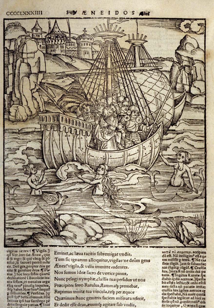 Eneide von Virgil (70 v. Chr.-19 v. Chr.), die trojanischen Helden Eneas und seine Gefährten überqueren ein Meer voller Sirenen. Holzschnitt von Sebastian Brant. Straßburg von Unknown artist