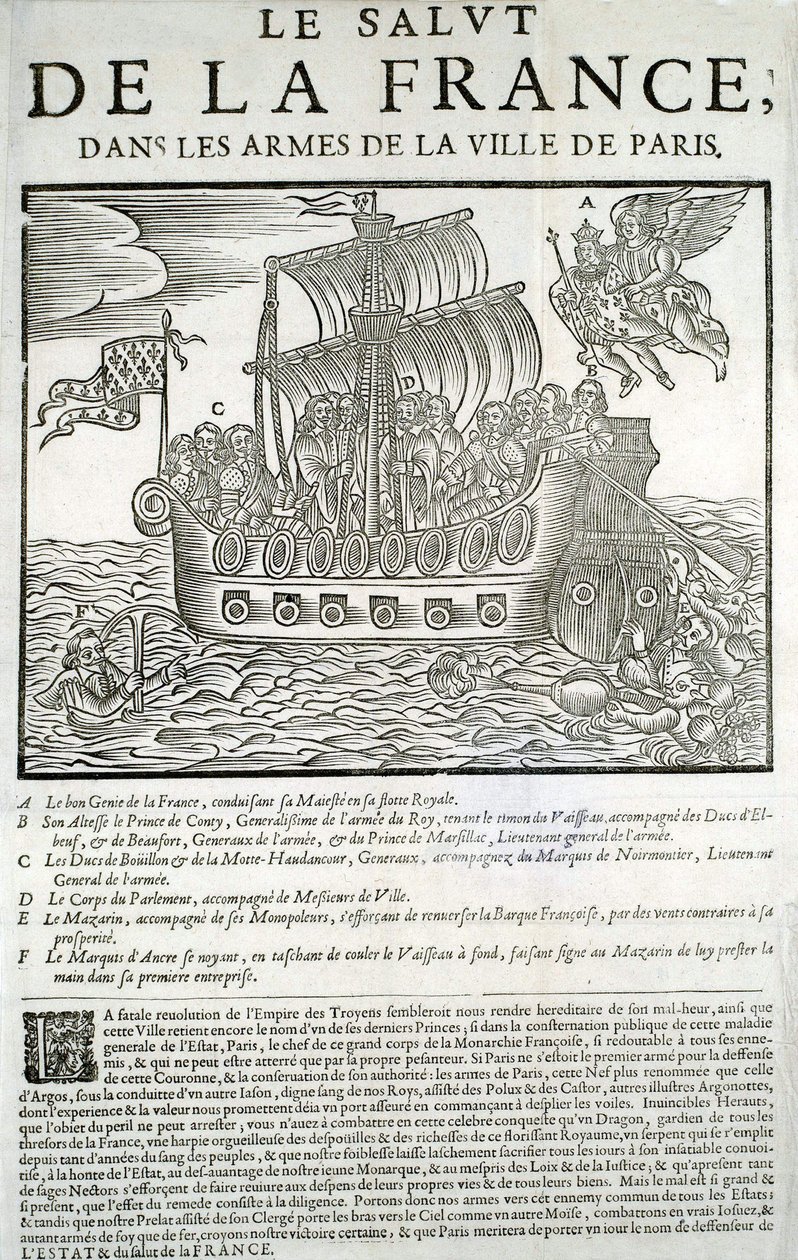 Holzschnitt. Mazarinade politisches Pamphlet: „Die Rettung Frankreichs in den Armen der Stadt Paris“ A - Der gute Geist Frankreichs, der seine Majestät (Louis XIII) in seiner königlichen Flotte verzehrt, B - Prinz de Conty, C - Herzog von Bouillon und de l von Unknown artist