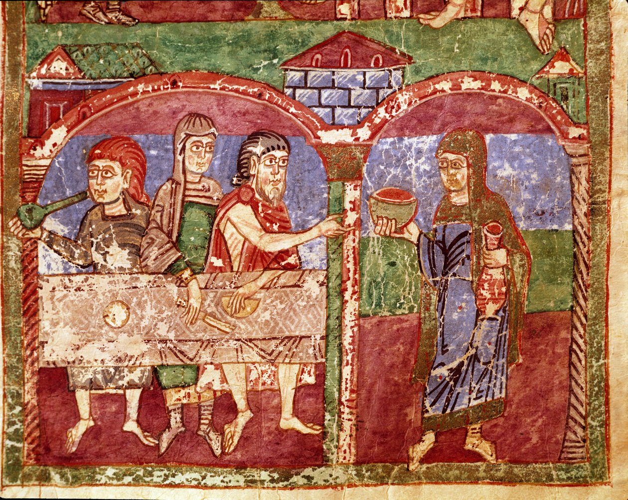 Episode aus dem Leben der Heiligen Radegunde von Poitiers (519-587), Ehefrau von Chlothar I., König der Franken: Radegunde bei ihren Wohltätigkeitsarbeiten, sie bedient die Armen. Miniatur aus einem Manuskript des 11. Jahrhunderts. Stadtbibliothek von Poit von Unknown artist