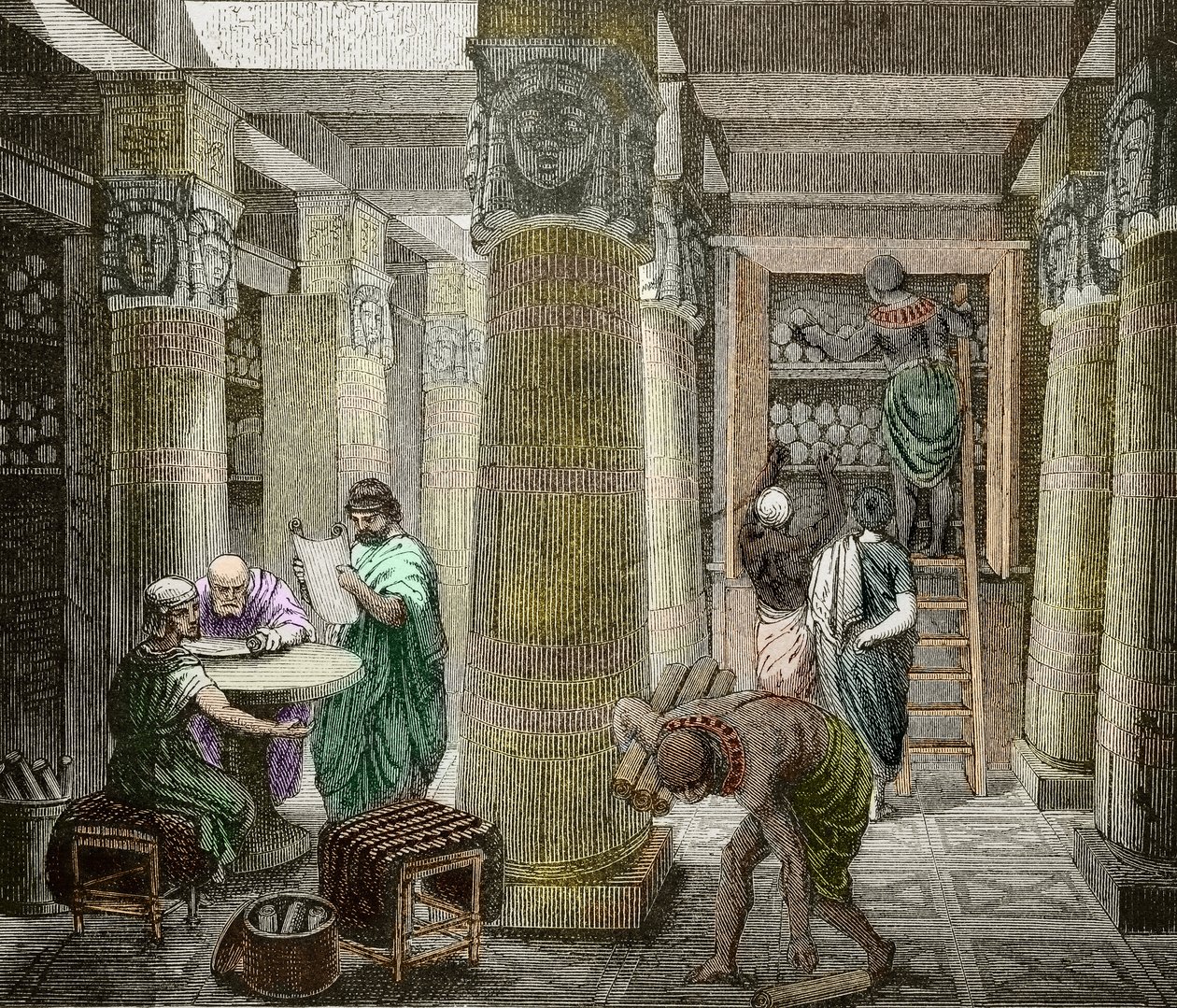 Gelehrte in der Bibliothek von Alexandria, zerstört 642, Ägypten) (Ansicht der Bibliothek von Alexandria, Ägypten) 19. Jahrhundert von Unknown artist
