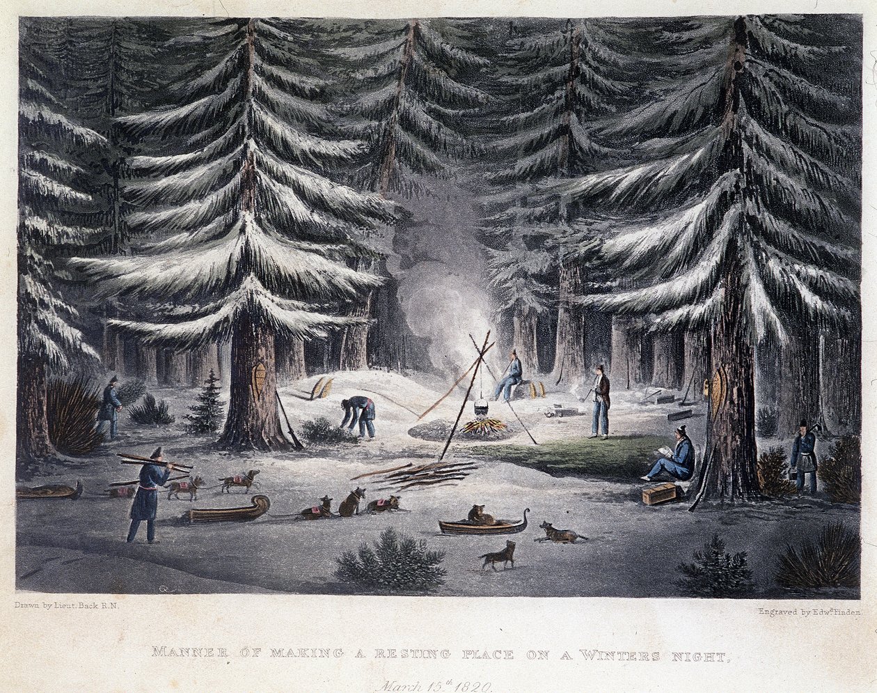 Errichtung eines Lagers während einer Winternacht - in „Narrative of a Journey to the Shores of the Polar Sea in the Years 1819-1821“ von John Franklin, herausgegeben in London von Unknown artist