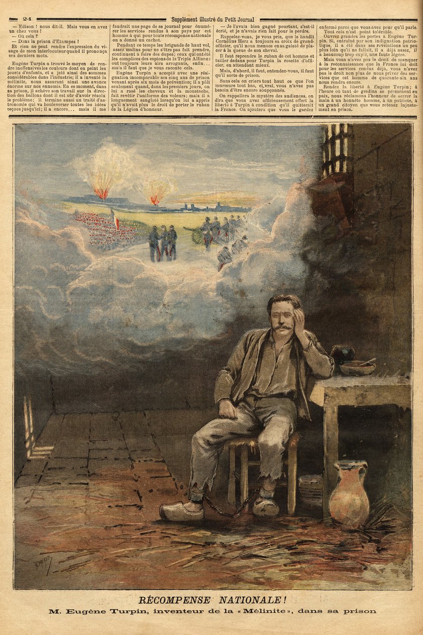 Eugene Turpin (1848-1927) Chemiker, Erfinder von Melinit (einem Sprengstoff) im Jahr 1884, in seiner Zelle, fälschlicherweise beschuldigt, seine Erfindung an den Feind verkauft zu haben. Er inspirierte Jules Verne für die Figur des Thomas Roch im Roman „Fa von Unknown artist