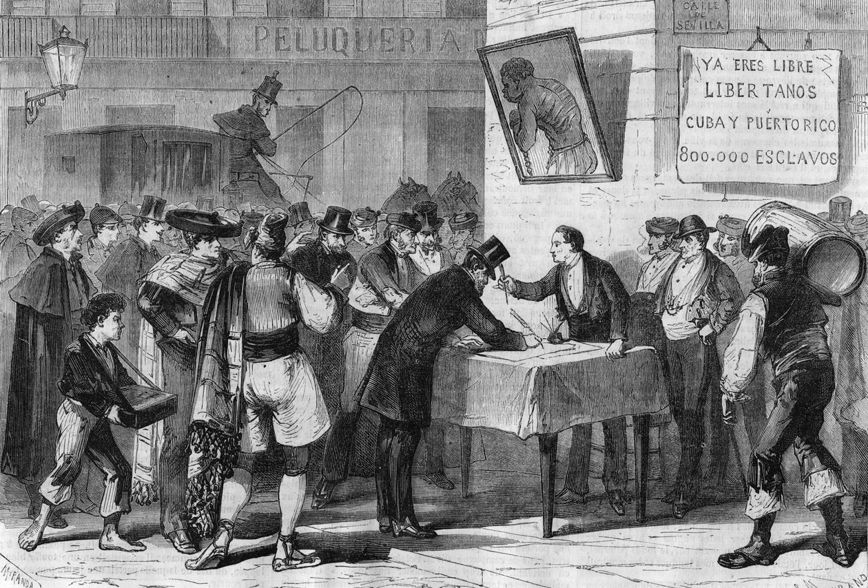 Ereignisse in Spanien im Jahr 1885: Öffentliche Sammlung in Madrid für den Kauf von Sklaven aus Kuba und Puerto Rico. von Unknown artist