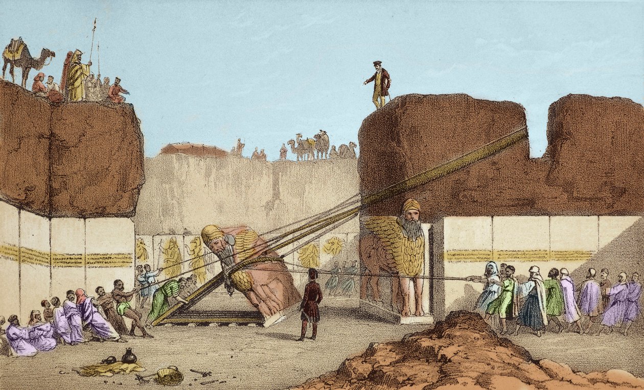 Ausgrabungen von Ninive - Die Ruinen von Nimrud von Henri Layard (nach seiner Reise nach Mesopotamien im 19. Jahrhundert); Ersatz des großen Flügelstiers - Der Versand eines geflügelten Stiers aus Nimrud während der Ausgrabungen von Sir Austen Henry von Unknown artist