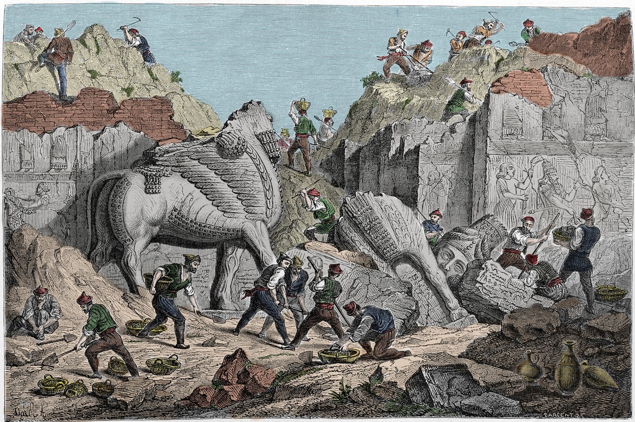 Ausgrabungen von Paul-Emile Botta, Konsul von Frankreich in Ninive am Standort von Khorsabad, ehemalige assyrische Hauptstadt nördlich von Mossul. Irak. Gravur des 19. Jahrhunderts von Unknown artist