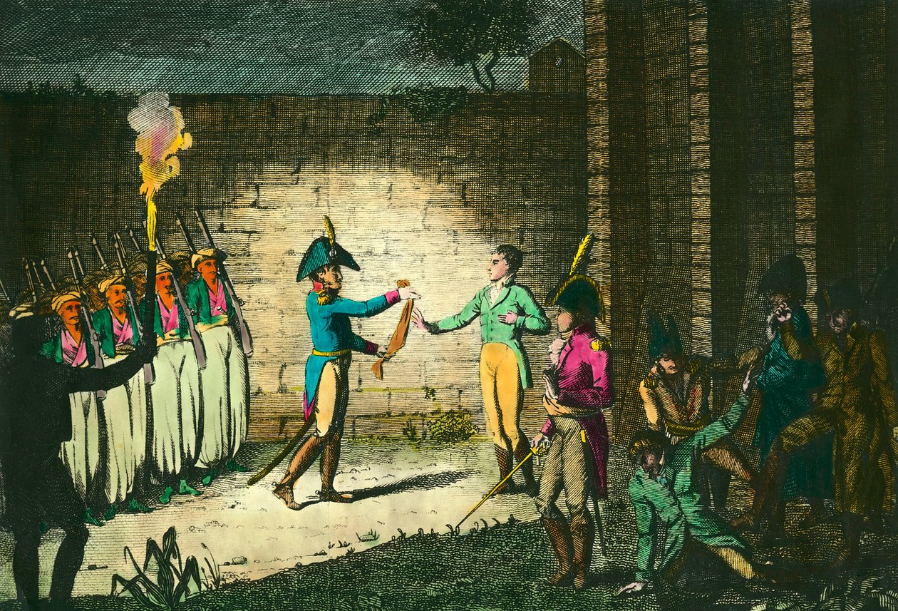 Hinrichtung von Louis de Bourbon, Herzog von Enghien (1772-1804) am 21. März 1804 in Vincennes, verdächtigt ohne Beweis der Verschwörung gegen den Ersten Konsul Napoleon Bonaparte. Gravur um 1804. Private Sammlung von Unknown artist