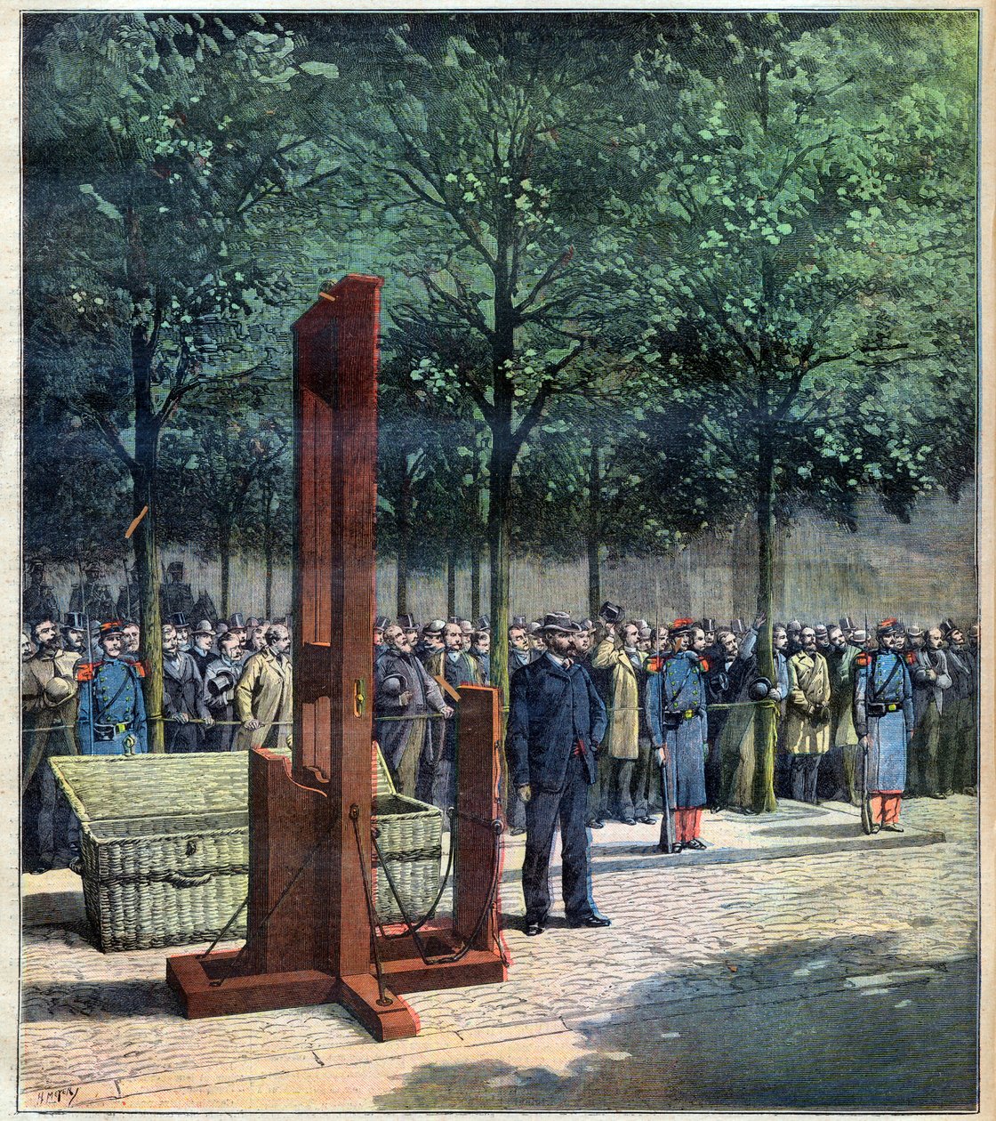 Hinrichtung mit der Guillotine der Mörder von Courbevoie, Dore & Berland, vor dem Gefängnis La Roquette, Paris, 08/08/1891 von Unknown Artist