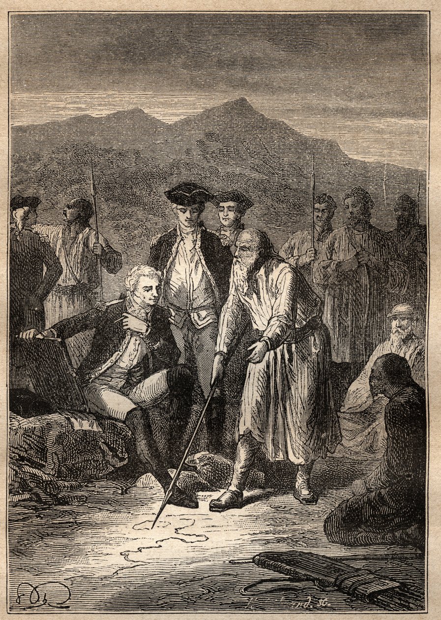 Expedition um die Welt (1785-1788) von Jean François Galaup de La Pérouse (1741-1788): Die Matrosen landen auf der Insel Saghalien (Sakhalin) und treffen einen alten Mann, der ihnen eine Karte von Tartaria zeichnete - Illustration aus „Die großen Seefahrer von Unknown artist
