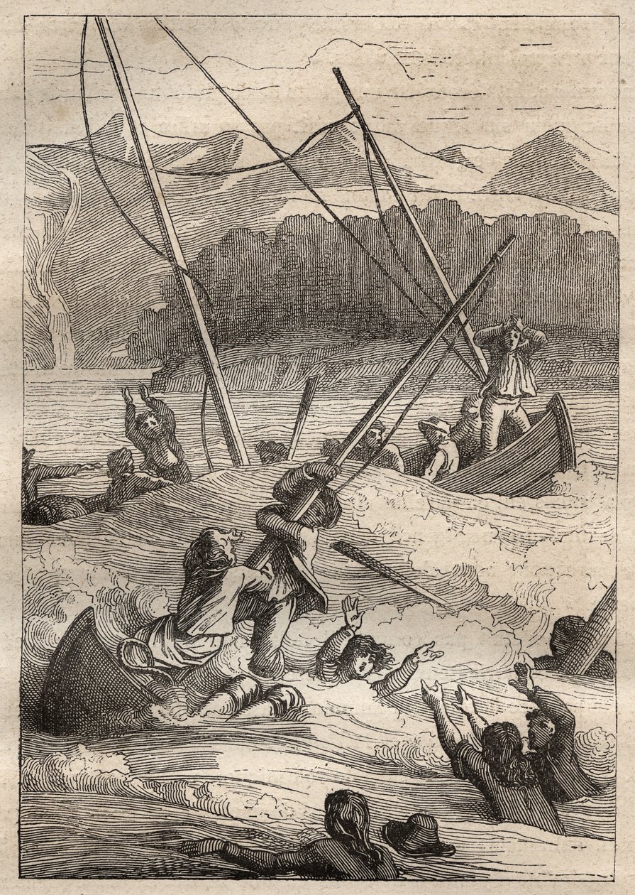 Expedition um die Welt (1785-1788) von Jean Francois Galaup de La Perouse (1741-1788): Schiffbruch der Boote im Hafen der Franzosen (Alaska) - Illustration aus „Die großen Seefahrer des 18. Jahrhunderts“ von Unknown artist