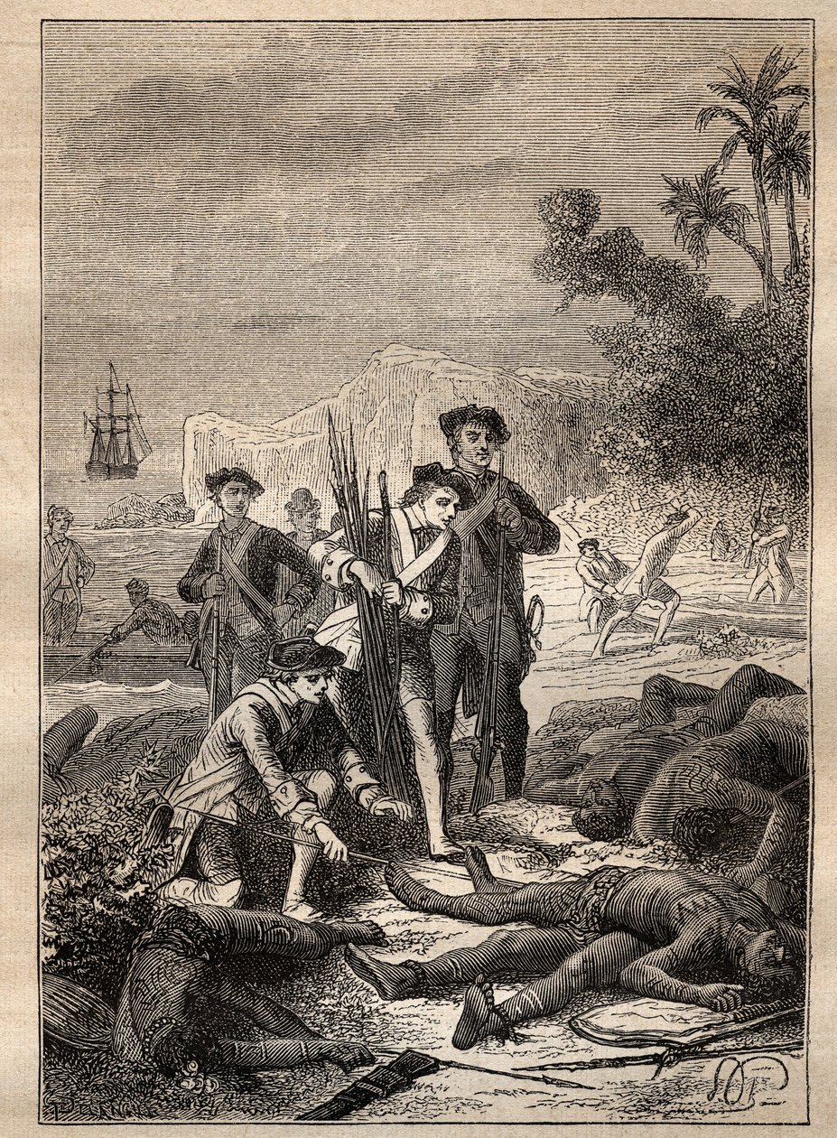 Expedition von Jean Francois de Surville (1717-1770) in die Südsee (1769-1770): die Matrosen von Surville sammeln die Waffen der Eingeborenen, die während der Schlacht starben (Neuirland, Papua-Neuguinea) - Illustration aus „The Great Mariners von Unknown artist
