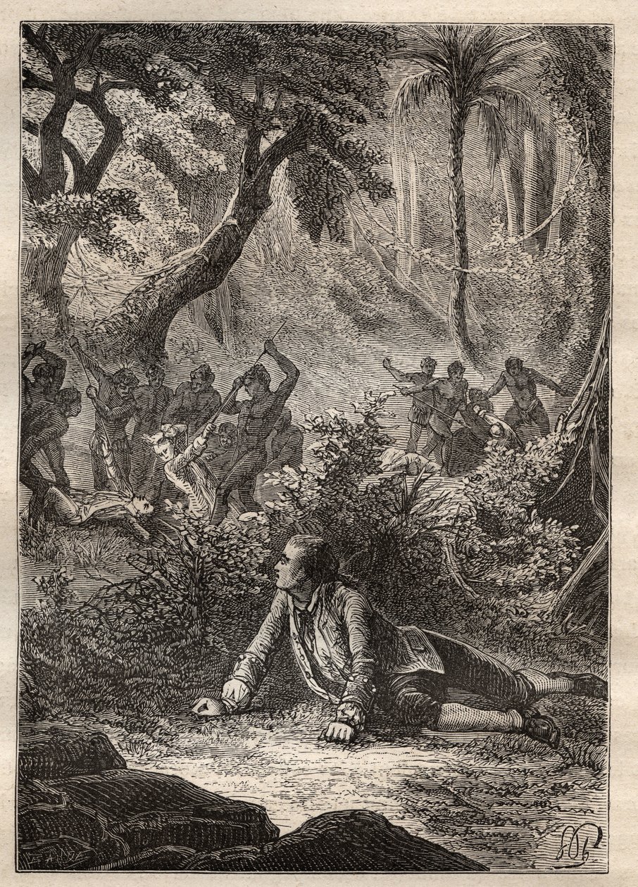Expedition von Nicolas Thomas Marion-Dufresne (Marion Dufresne) (1729-1772): Der einzige überlebende Matrose bezeugt das Massaker an all seinen Kameraden, einschließlich Marion, durch die Eingeborenen der Assassins Bay (Matuaro-Insel, Neuseeland) - Illustr von Unknown artist