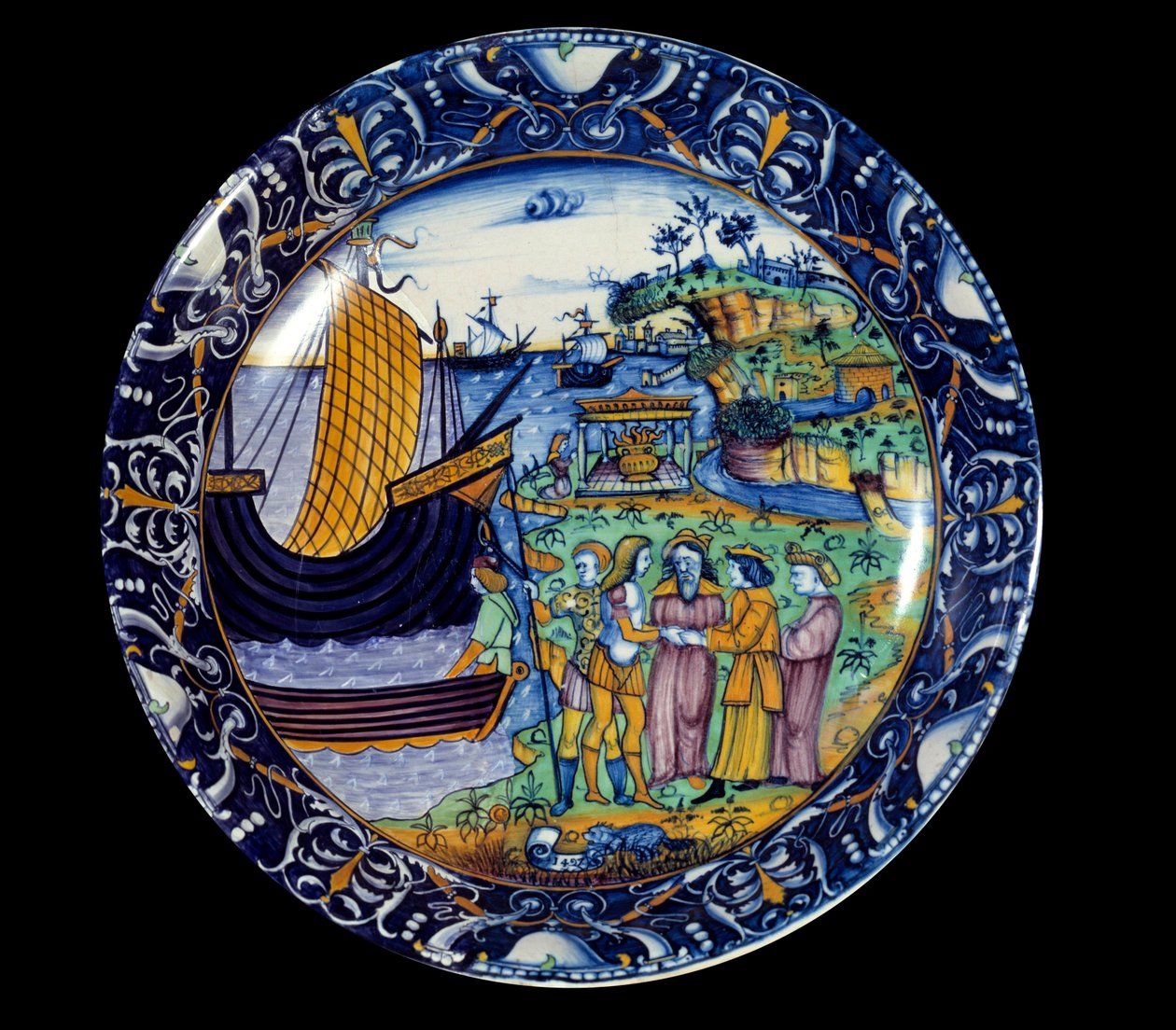 Fayenceteller, der die Ankunft von Äneas in Delos zeigt, empfangen von König Arius. 1497. Sèvres, Nationales Renaissance Museum von Unknown artist