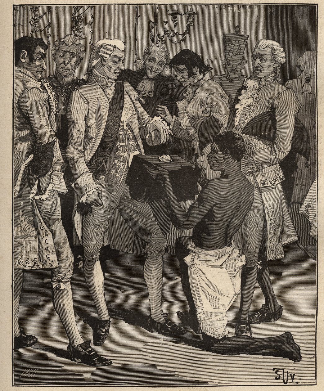Berühmte Diamanten: die „Wunder der Wunder“, präsentiert dem Kaiser von Brasilien, Joao VI. von Portugal (Johann VI., der Klemente) im Jahr 1809. Gravur von 1885 in „Les arts et métiers illustrés“ von Adolphe Bitard. von Unknown artist