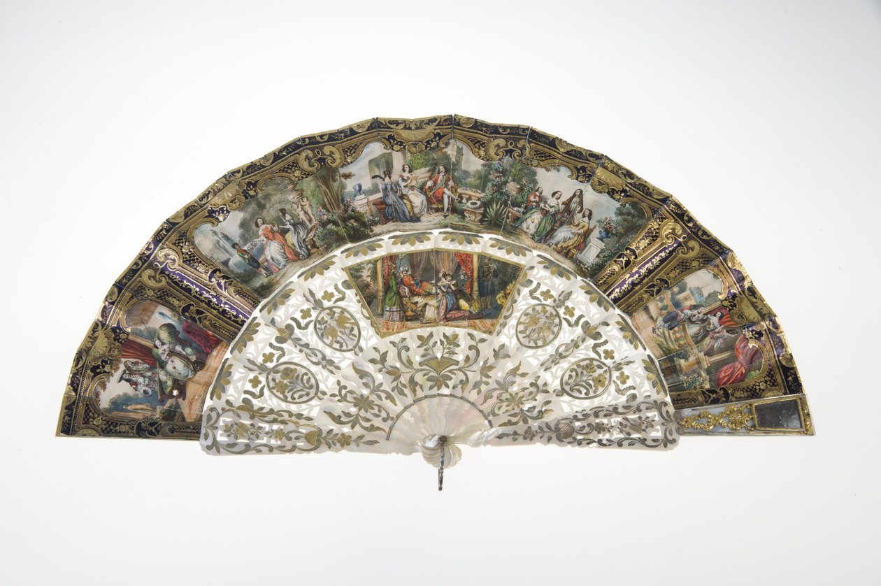 Fächer, ca. 1860, bedrucktes und bemaltes Papier, Perlmutt, Gold, Silber und Kupfermetalle, und Spiegel, Hersteller unbekannt von Unknown artist