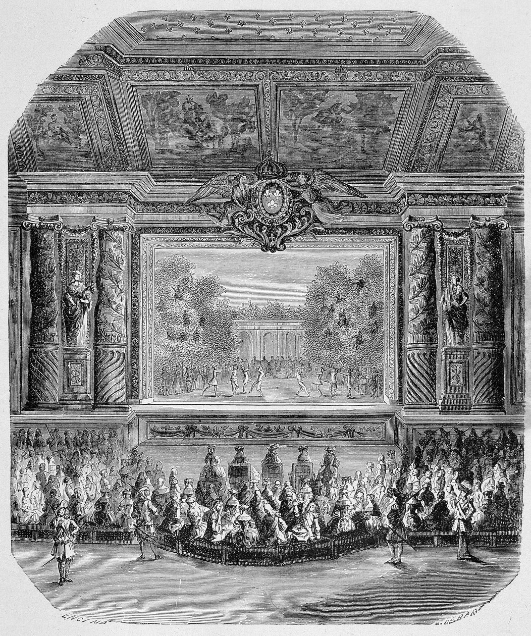Fest von Ludwig XIV, von Herzog von Saint Aignan (Komödie in Musik, gespielt im Park von Versailles) Gravur von Unknown artist