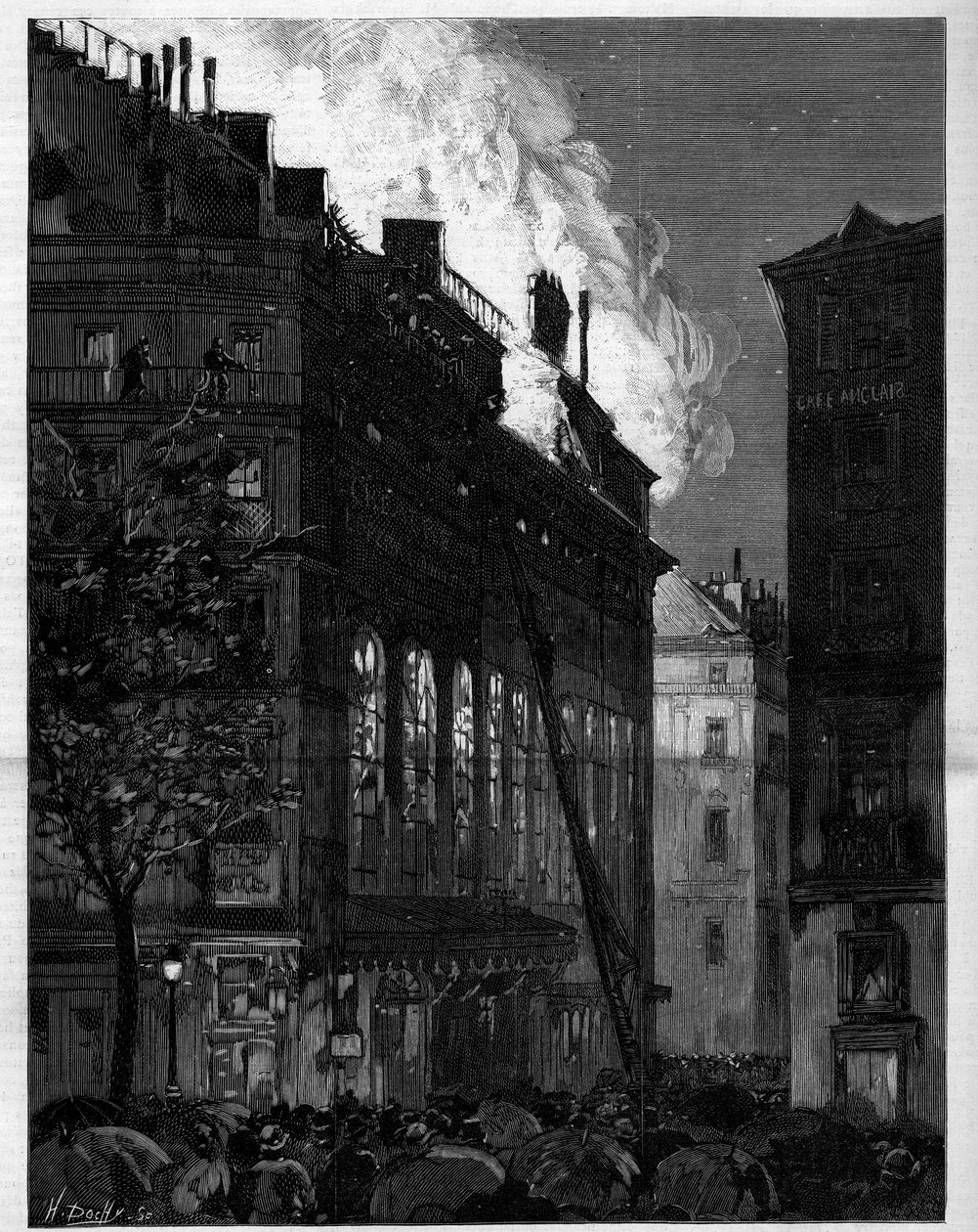 Brand der Opéra Comique in Paris, gesehen von der Rue Marivaux und dem Boulevard des Italiens am 26. Mai 1887. Gravur in „Le Monde illustré“ von Unknown artist