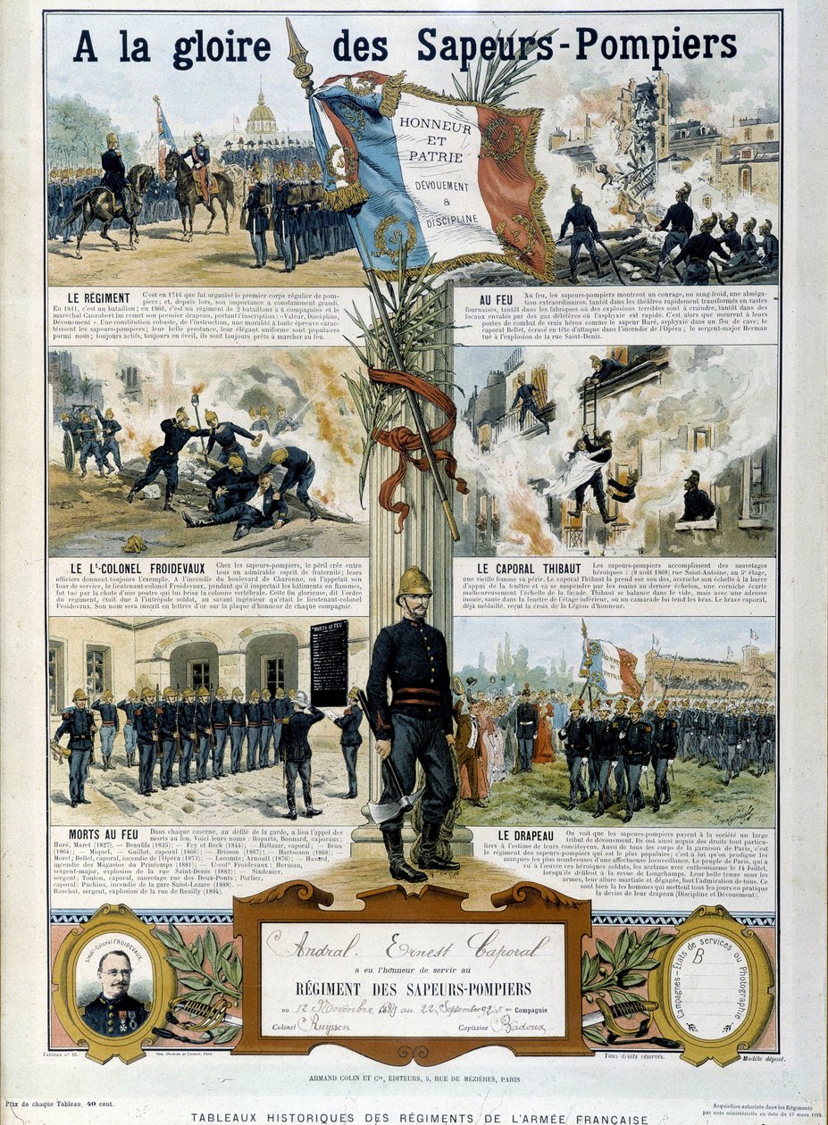 Feuerwehrleute: Zum Ruhm der Sapeurs - in „Historische Gemälde der Regimenter der französischen Armee“ um 1890 von Unknown artist