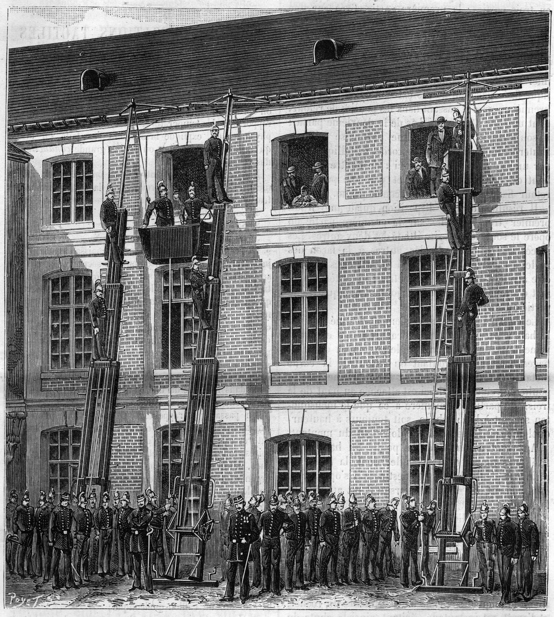 Feuerwehrleute an Bord des neuen Rettungslifts für Feuerexperimente in Rouen in der alten Normalschule. Gravur in „La Nature“ von Unknown artist