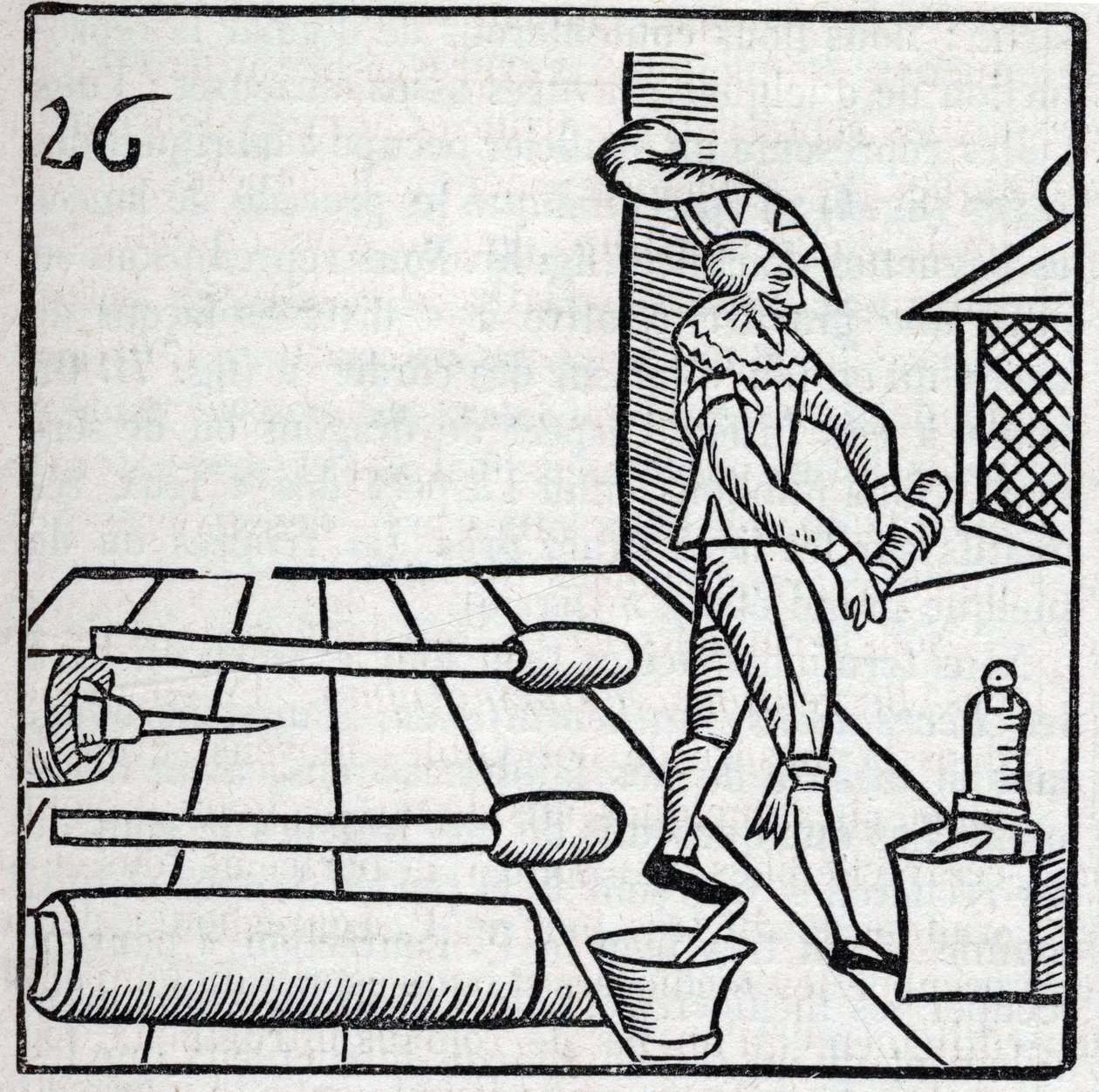 Feuerwerk und Feuerwerkskörper: Handwerker bei der Herstellung von Raketen. Reproduktion der Gravuren aus dem Werk des französischen Jesuiten Jean Leurechon La Récréation Mathématique, ou Entretien Facétieux sur Plusieurs Plaisants Problèmes, en Fait d