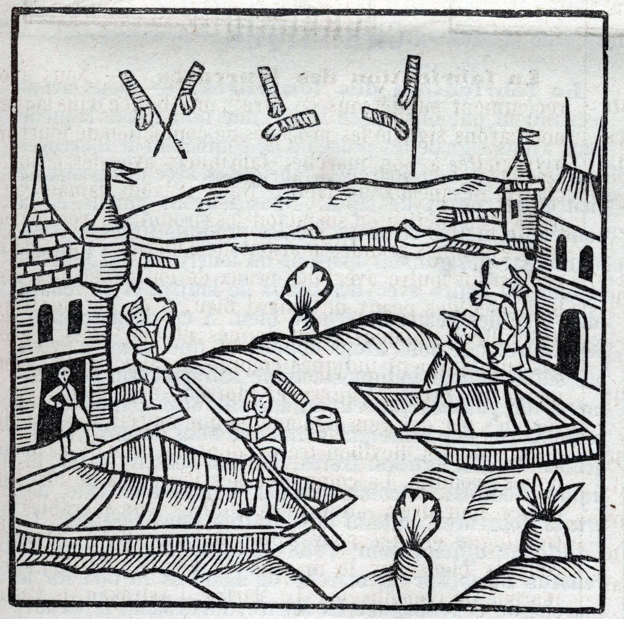 Feuerwerk und Feuerwerkskörper: Feuerwerk auf dem Wasser. Reproduktion der Gravuren aus dem Werk des französischen Jesuiten Jean Leurechon La Récréation Mathématique, ou Entretien Facétieux sur Plusieurs Plaisants Problèmes, en Fait d