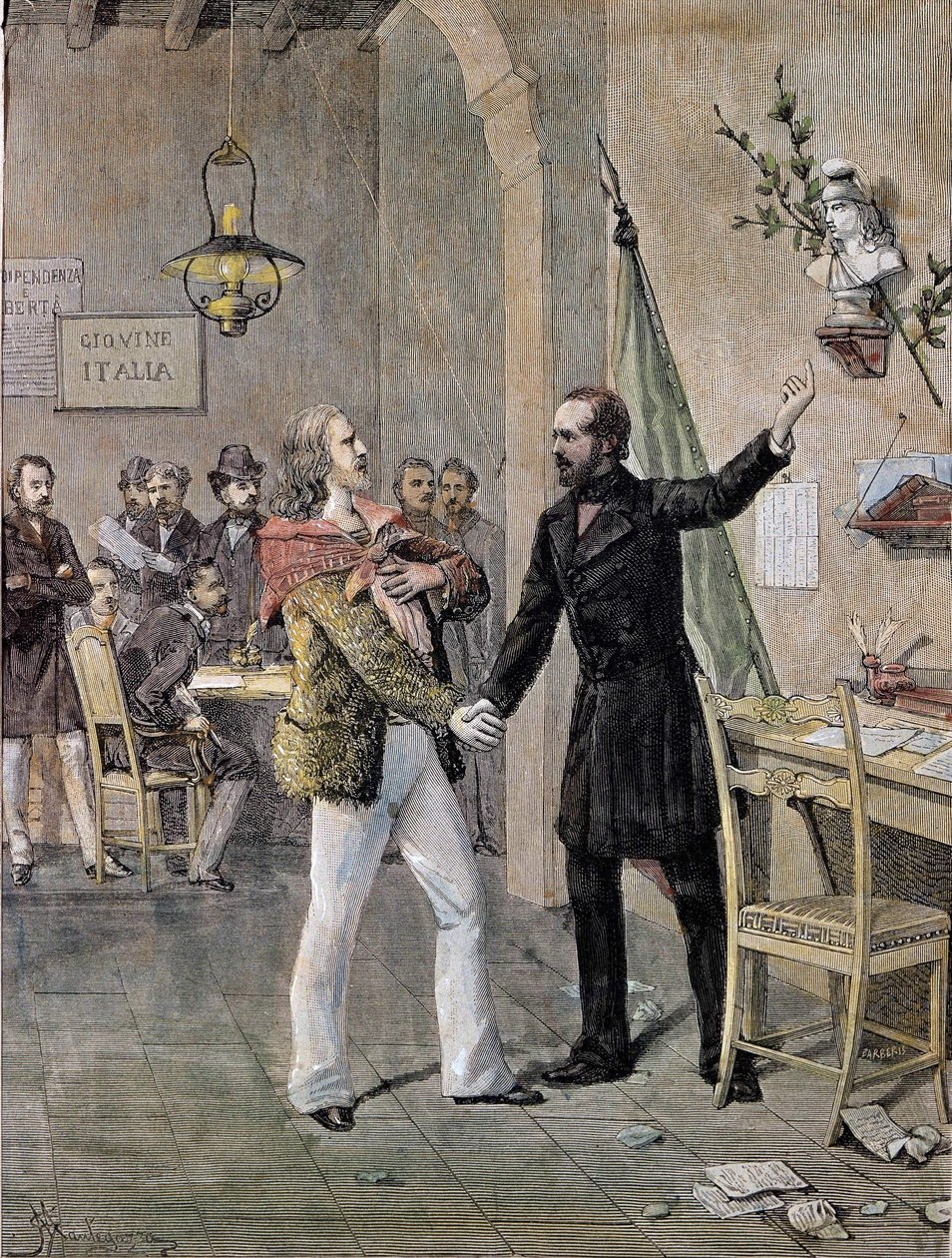 Erstes Treffen zwischen Giuseppe Garibaldi und Giuseppe Mazzini in Marseille 1833 (Gravur) von Unknown artist