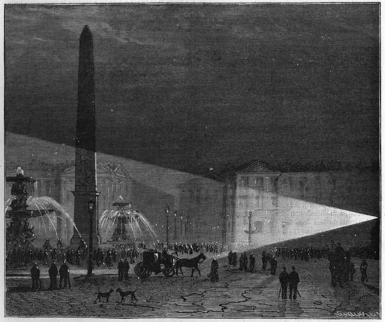 Erstes öffentliches Experiment der elektrischen Beleuchtung auf der Place de la Concorde in Paris von Deleuil und Léon Foucault im Dezember 1844. in „La Nature. Revue der Wissenschaften und ihrer Anwendungen in Kunst und Industrie.“ von Unknown artist