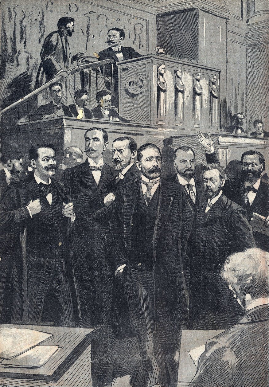 Erste Sitzung der Abgeordnetenkammer, gewählt 1898: Paul Deschanel (1855-1922), Präsident der Abgeordnetenkammer. Paul Adolphe Granier de Cassagnac (1842-1904), Lucien Millevoye (1850-1918), Paul Deroulede (1846-1914), Jacques Piou (1838-1932), Eugen. von Unknown artist