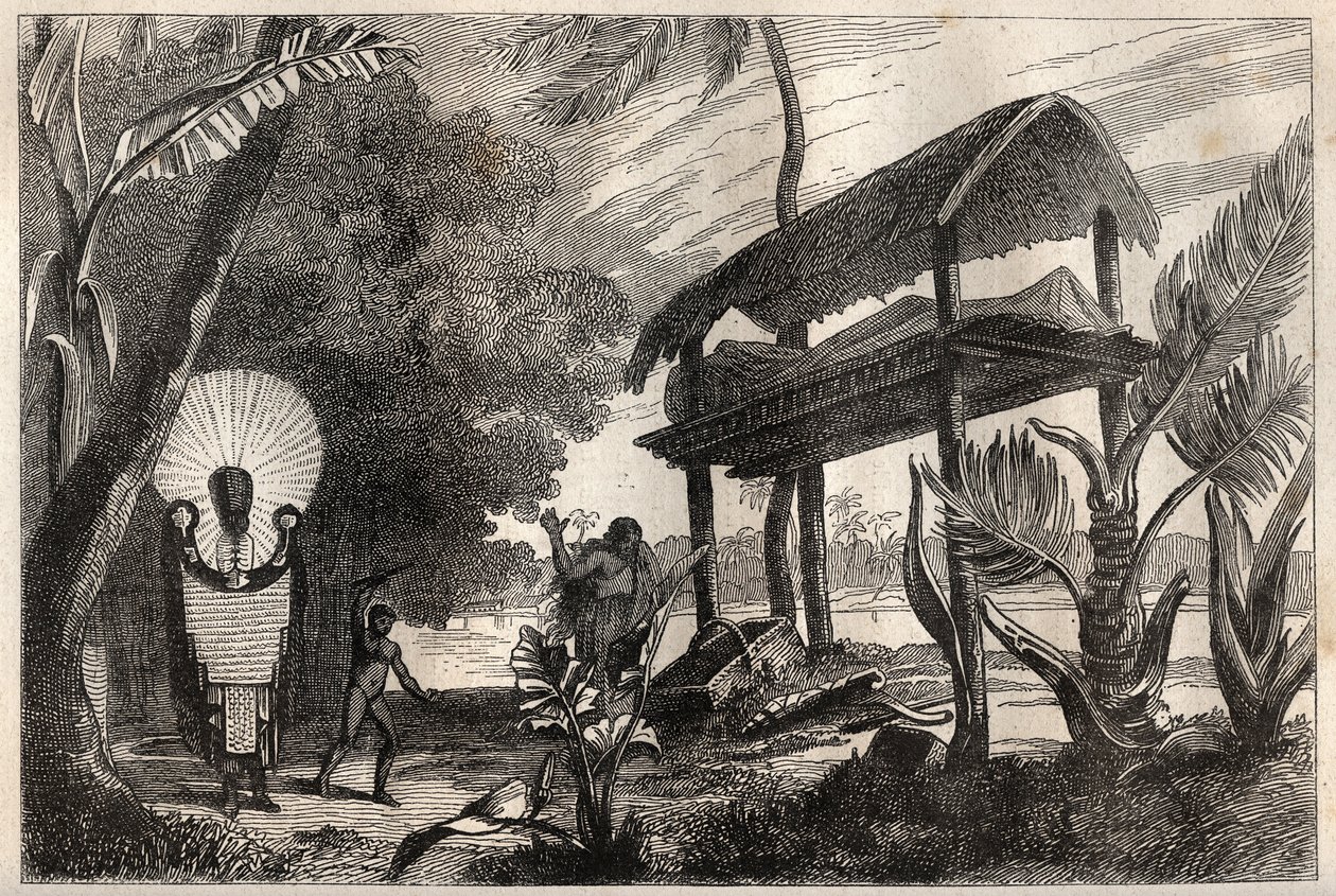 Erste Reise (1768-1771) von Kapitän James Cook (1728-1779): ein Fia-Toka, Begräbnisgebäude von Tahiti - Illustration aus „Die großen Seefahrer des 18. Jahrhunderts“ von Unknown artist