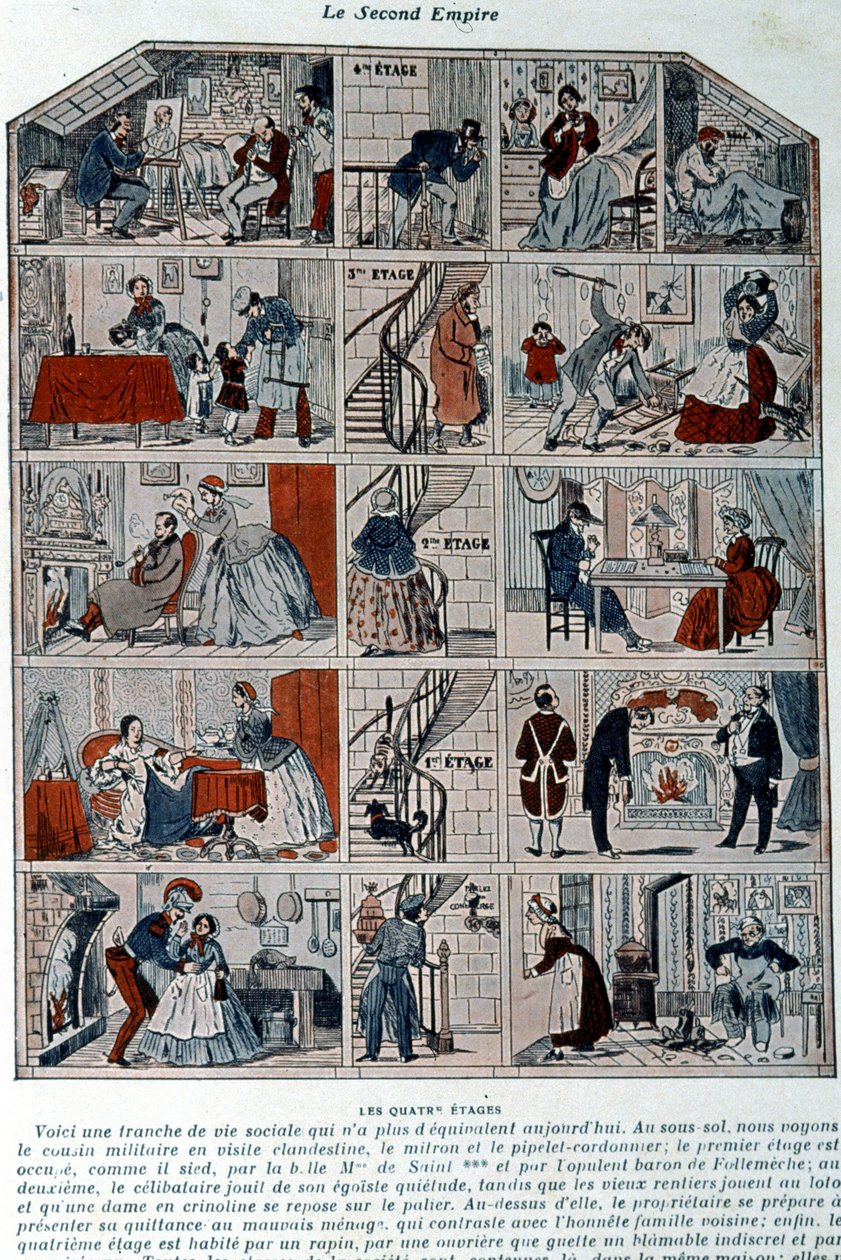 Fünf Stockwerke, die die verschiedenen sozialen Klassen unter dem zweiten Kaiserreich zeigen. Illustration dargestellt als Querschnitt eines Pariser Gebäudes. von Unknown artist