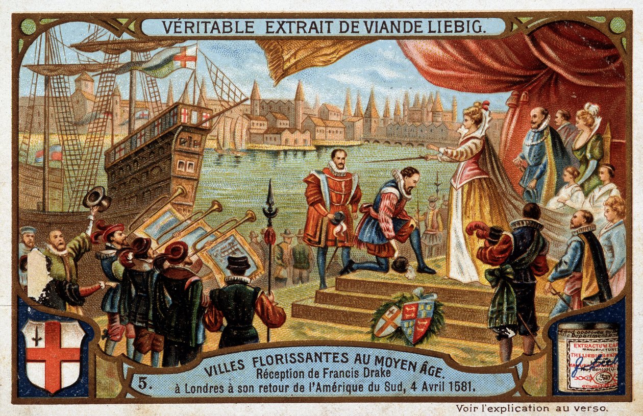Blühende Städte des Mittelalters: Empfang von Francis Drake (1542-1596) in London (England), bei seiner Rückkehr aus Südamerika, 4. April von Unknown artist