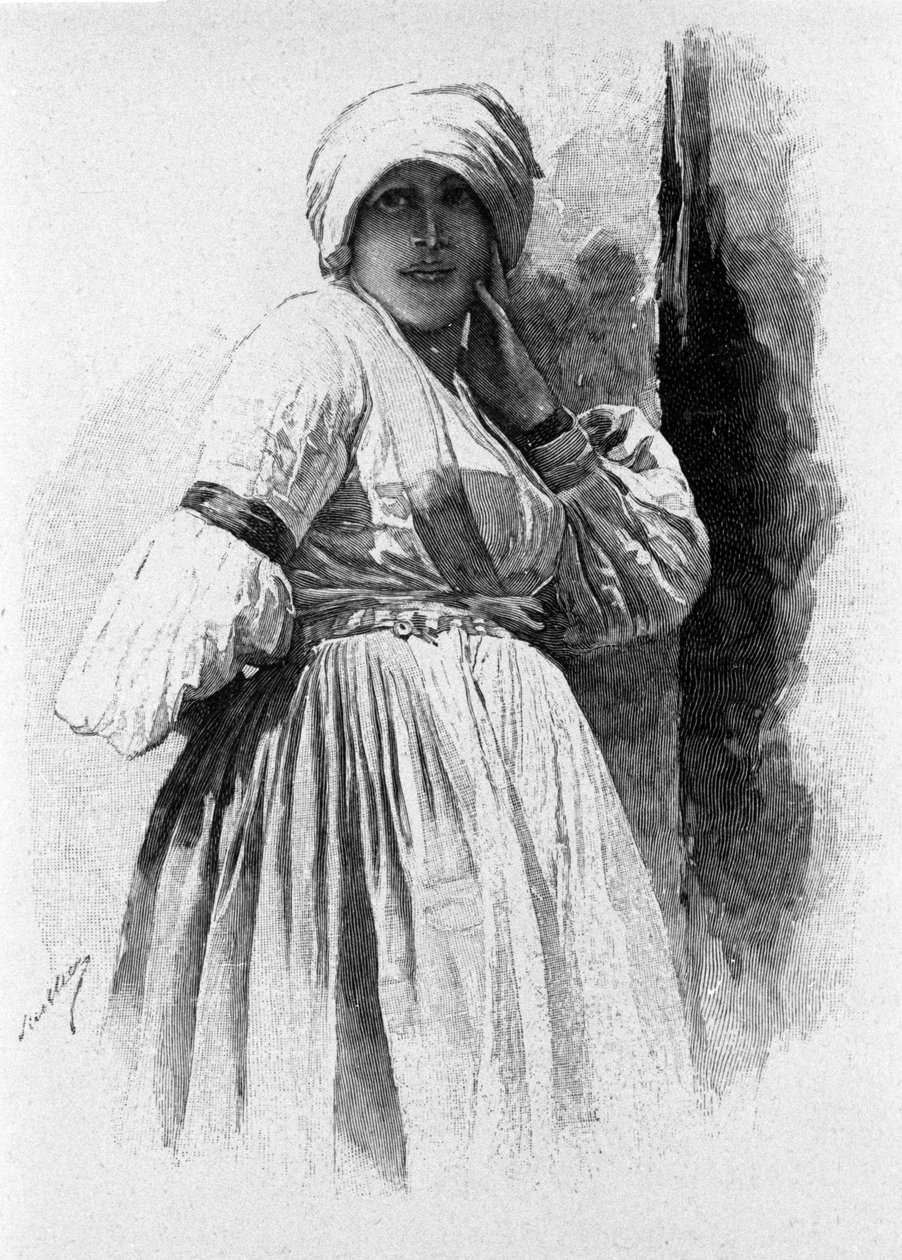 Folklore: Frau in traditioneller Tracht von Piana degli Albanesi. Sizilien, Gravur des 19. Jahrhunderts von Unknown artist