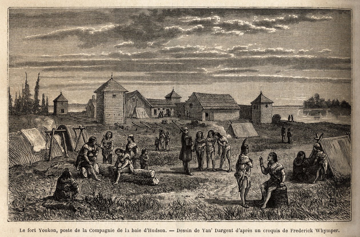 Fort Youkon im Golf von Norton, Alaska, gegründet 1847, ein Standort der Hudson Bay Company, Indianer lagern um die Palisaden. Illustration der Reise und Abenteuer in British Columbia, Vancouver Island und Alaska, von Frederick von Unknown artist