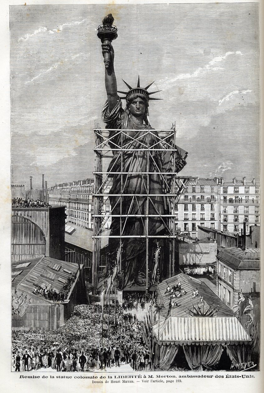 Frankreich, Paris, Übergabe der Freiheitsstatue an den US-Botschafter - Verpackung der Freiheitsstatue von Frederic Auguste Bartholdi (1834-1904) im Gerüst, um sie von Paris nach Amerika zu transportieren von Unknown artist