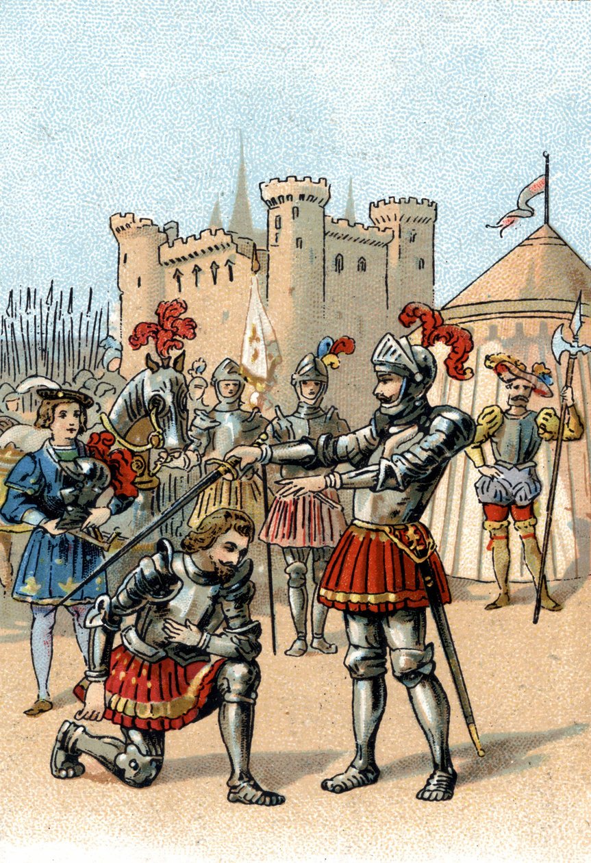 Franz I. von Frankreich bittet den Chevalier Bayard nach dem Sieg in der Schlacht von Marignano, Italien, zum Ritter geschlagen zu werden. von Unknown artist
