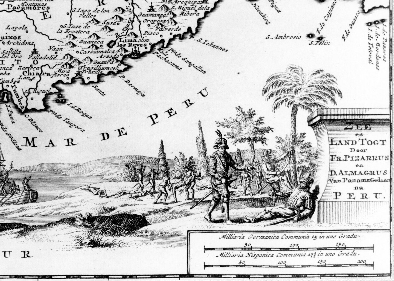 Francisco Pizarro (in fr. Francois Pizarre) dargestellt auf einer Karte von Peru. 17. Jahrhundert von Unknown artist