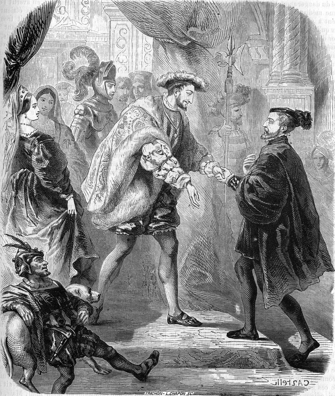 Franz I., König von Frankreich (1494-1547) und Karl V. (1500-1558) trafen sich im Schloss von Chatellerault im Januar 1540. In „Histoire populaire de la France“, ca. 1885. Gravur. von Unknown artist