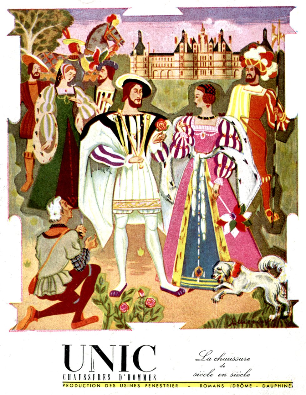Franz I. und sein Hof vor dem Schloss Chambord. Werbung für Unic, Herrenschuhe von Unknown Artist