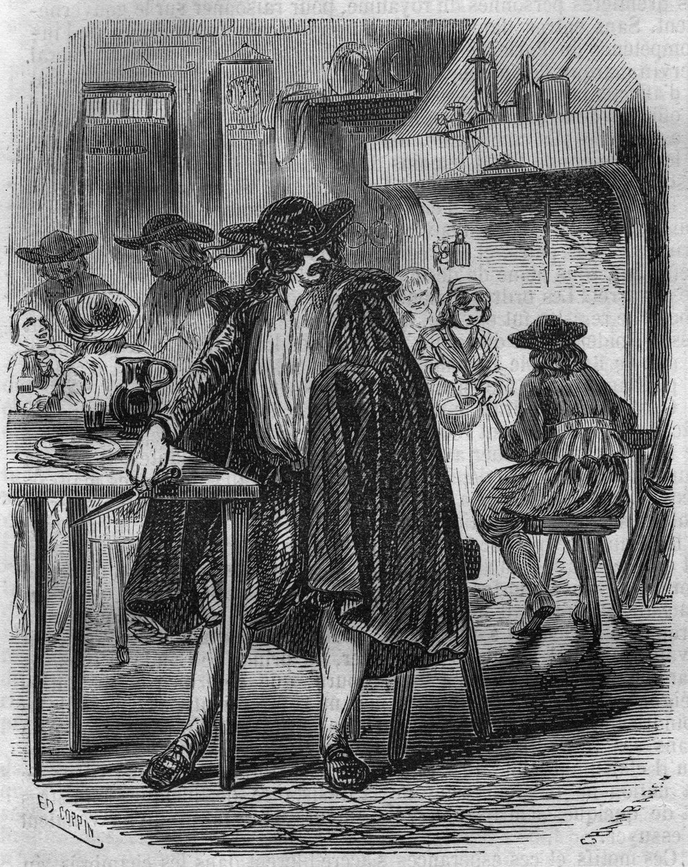 Francois Ravaillac (1578-1610), Mörder von König Heinrich IV., flieht in einem Gasthaus mit dem Messer, mit dem er Heinrich IV. treffen muss - Gravur des 19. Jahrhunderts von Unknown artist
