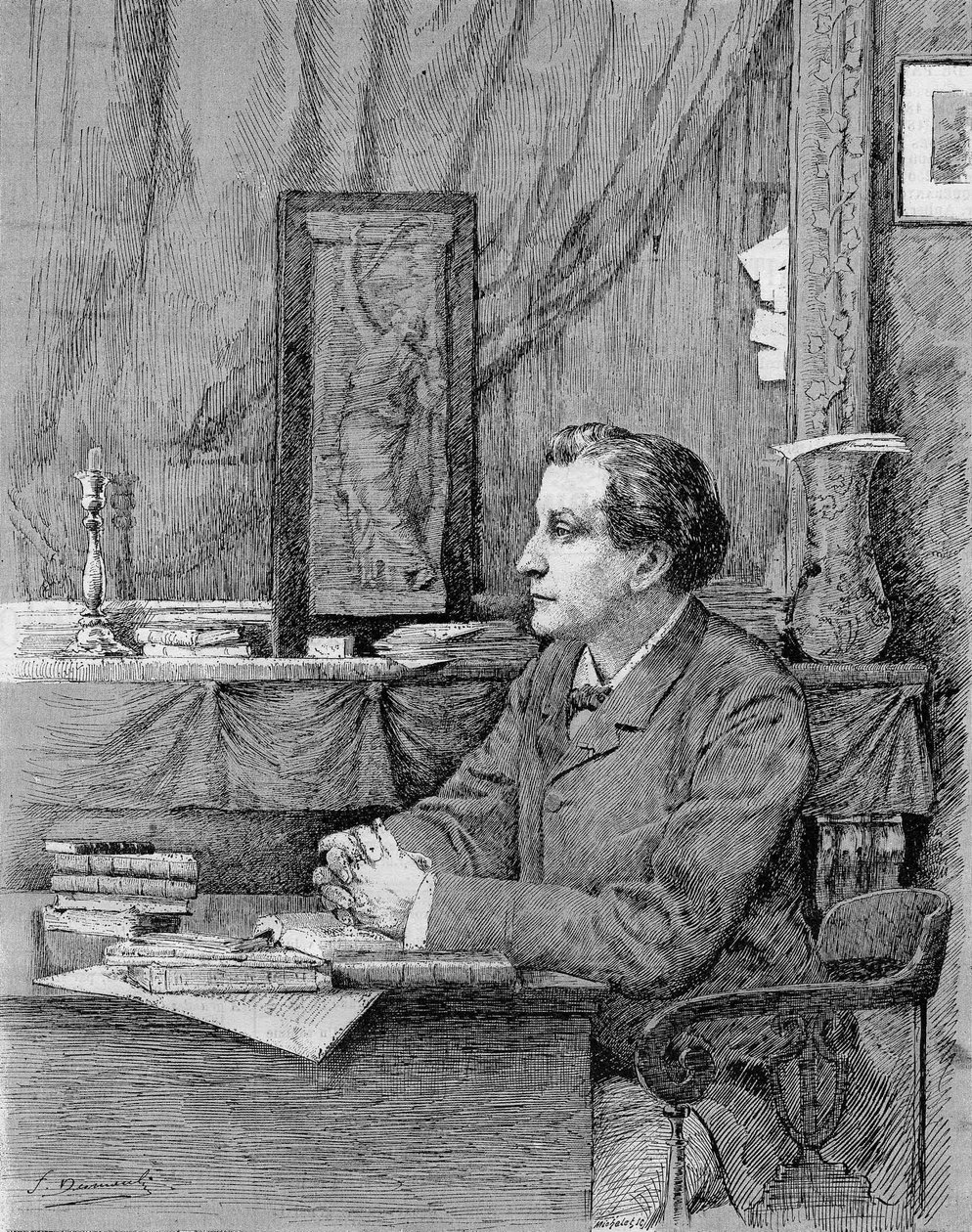 François Coppée (1842-1908), französischer Dichter und Dramatiker. Zeichnung von M.F. Desmoulins. 1885 von Unknown artist